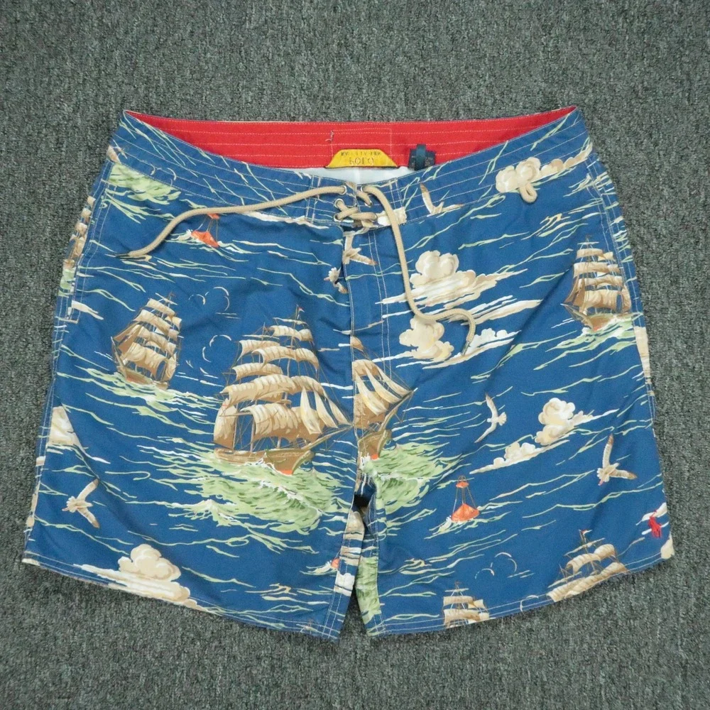 Polo Ralph Lauren Swim Trunks Mens 40 Blue Swimwear Sailing Ships Lined Shorts